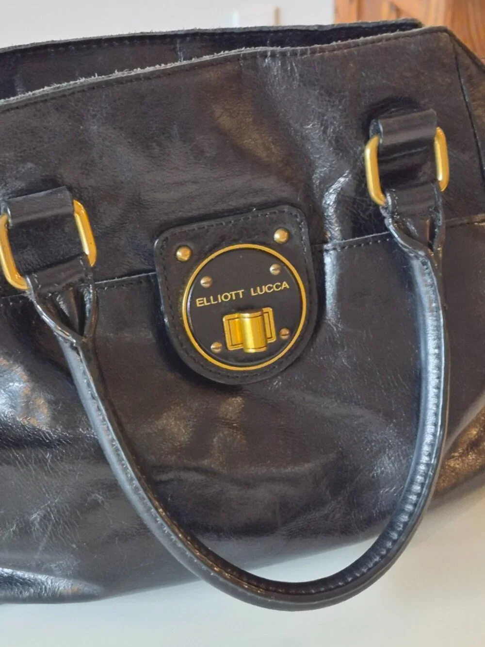 Elliott Lucca Black Genuine Leather Satchel Gold Turn Lock Handbag Purse